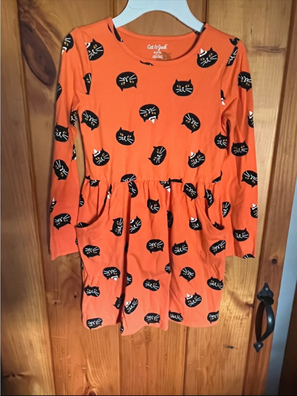 Cat & Jack Orange Long Sleeve Dress with Black Cat Faces